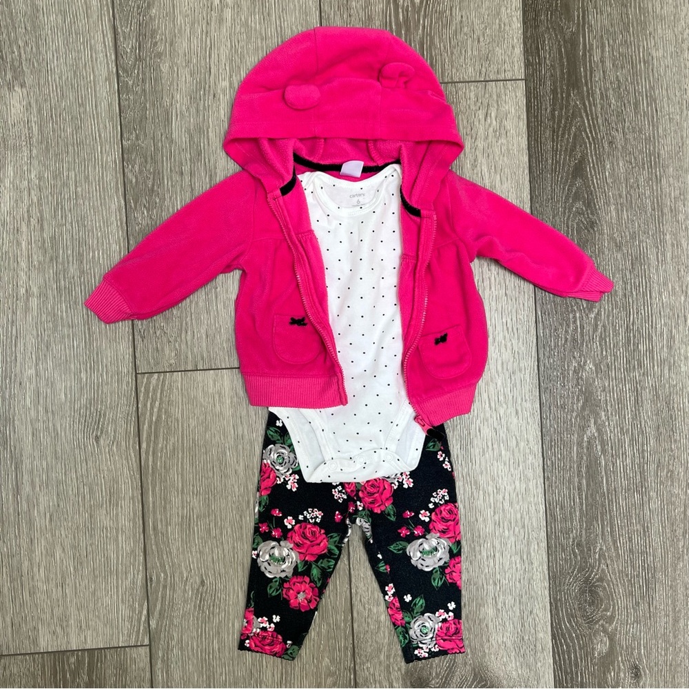 CARTERS 3PC SHORT SLEEVE BODYSUIT FLEECE JACKET AND PANTS SET 6MO